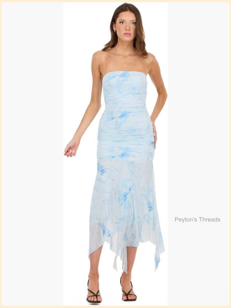 Strapless Ruched Bodice Drop Waist Mesh Maxi Dress With Asymmetric Hem